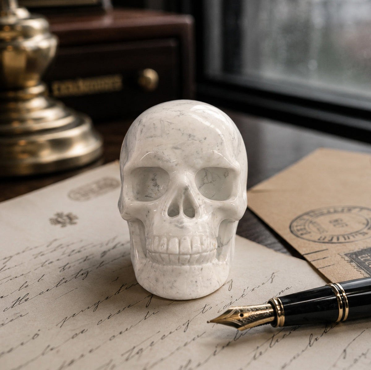 Main view of a 3-inch White Howlite human skull carving