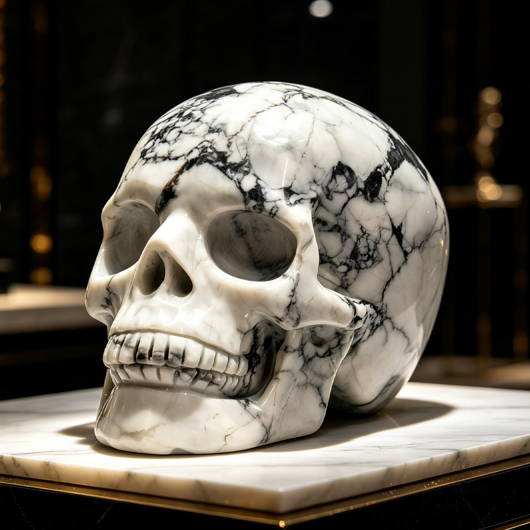Additional view of a White Howlite Titan human skull carving, custom-made in sizes from 7 to 10 inches.