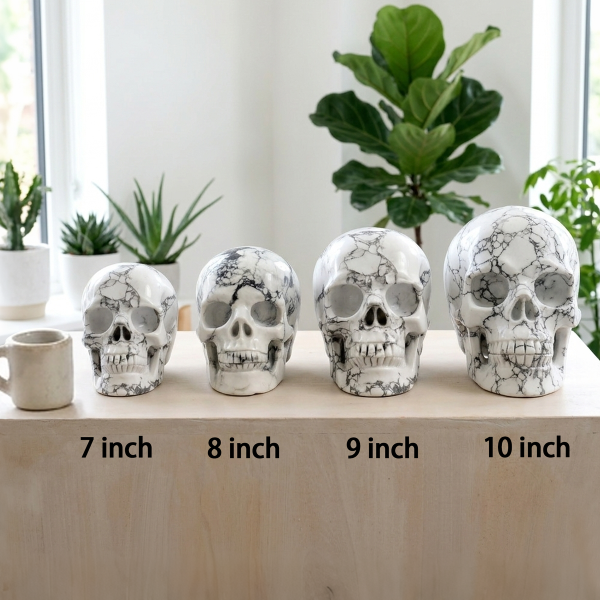 Additional view of a White Howlite Titan human skull carving, custom-made in sizes from 7 to 10 inches.