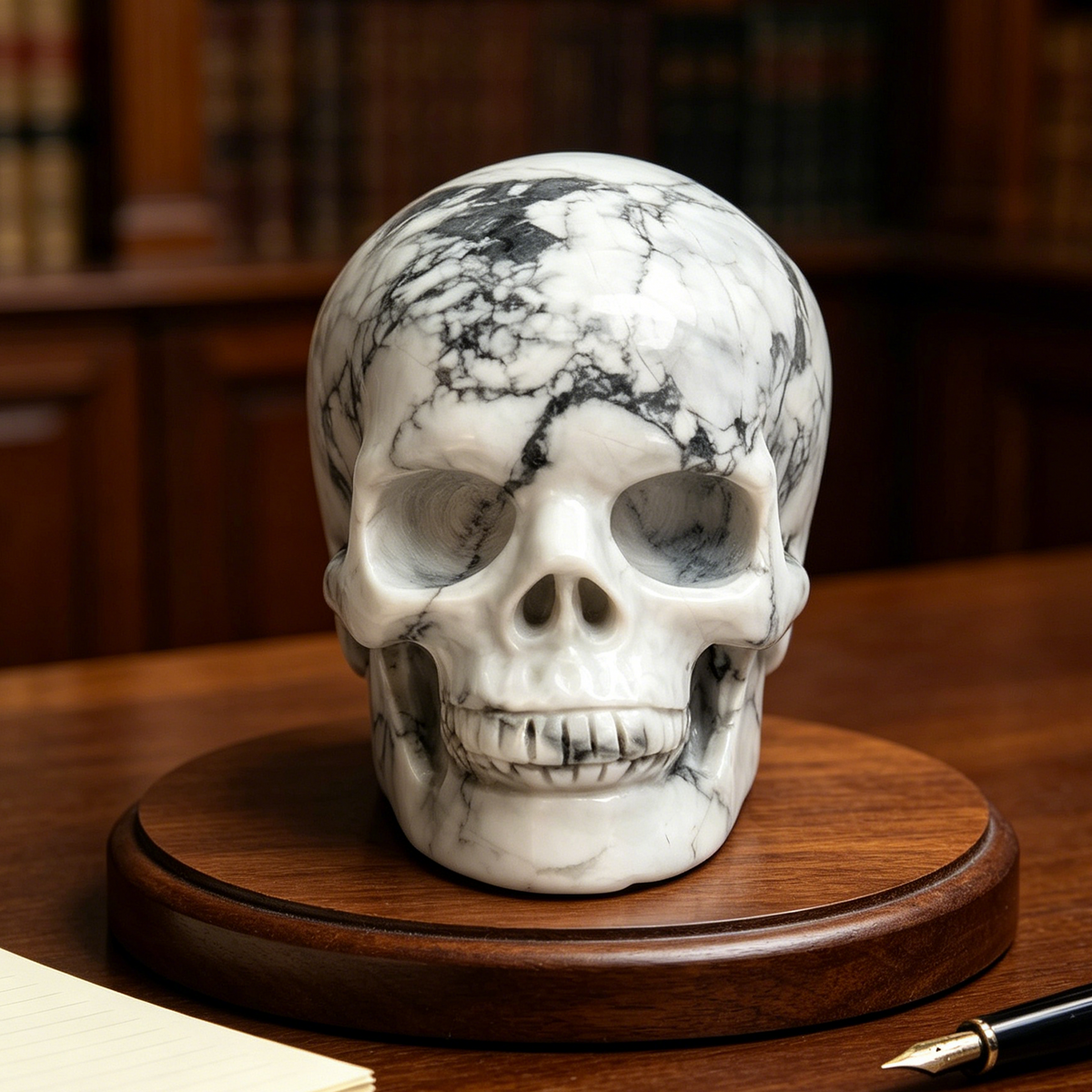 Additional view of a White Howlite Titan human skull carving, custom-made in sizes from 7 to 10 inches.