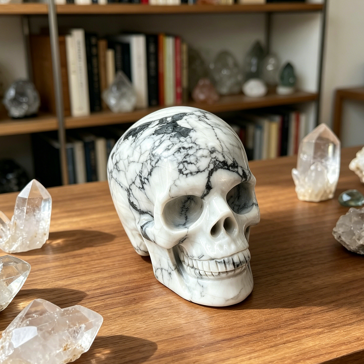 Additional view of a White Howlite Titan human skull carving, custom-made in sizes from 7 to 10 inches.