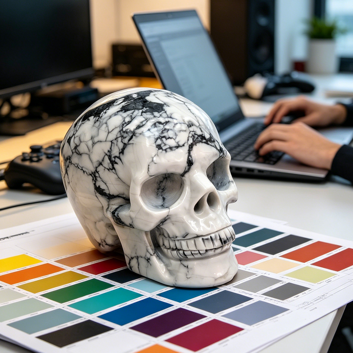 Additional view of a White Howlite Titan human skull carving, custom-made in sizes from 7 to 10 inches.