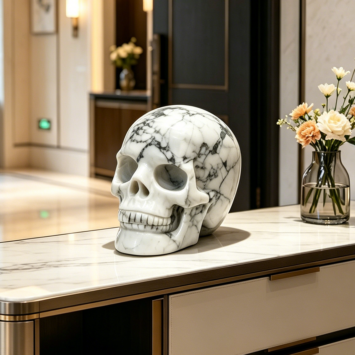 Additional view of a White Howlite Titan human skull carving, custom-made in sizes from 7 to 10 inches.