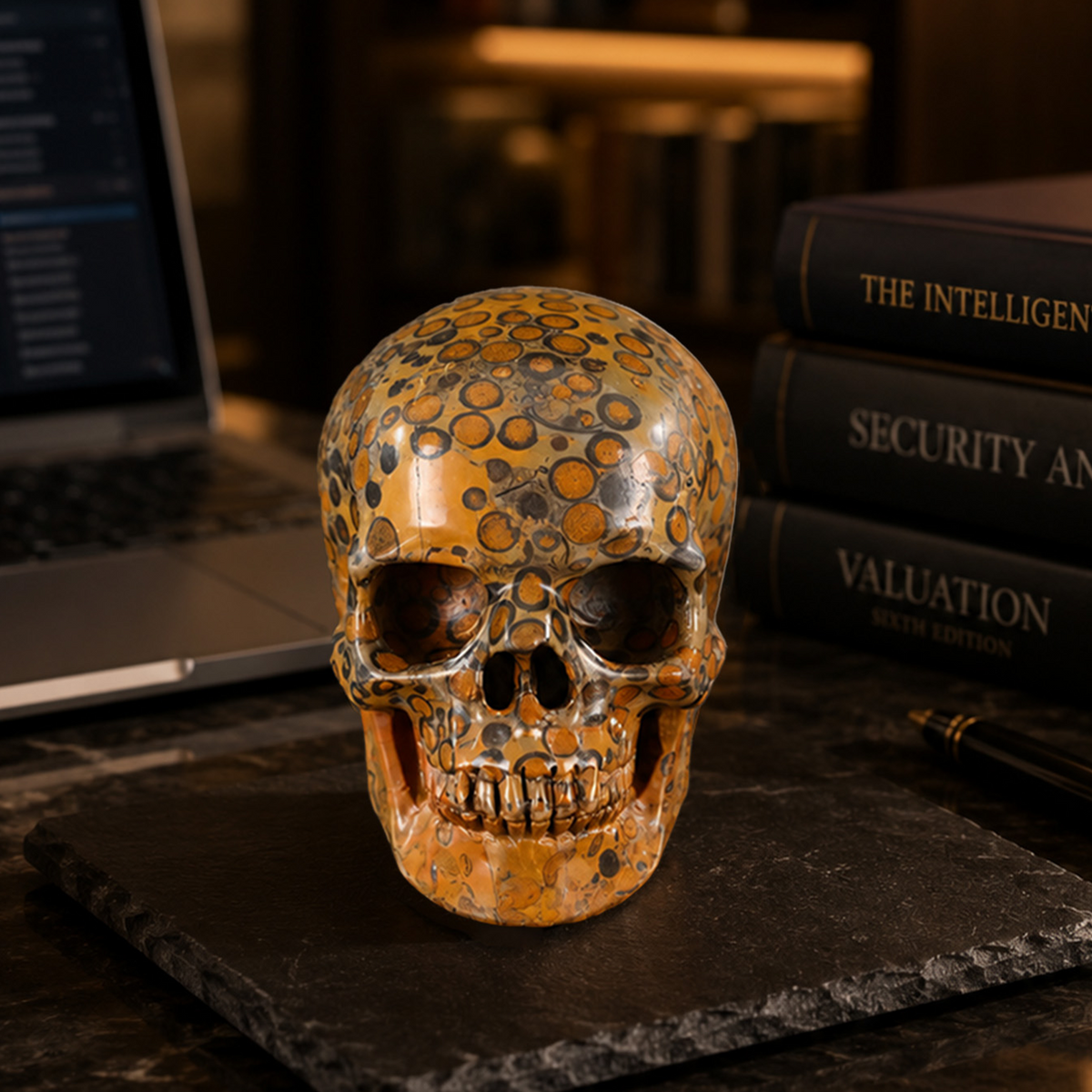 Additional view of a 3-inch Yellow Leopard Skin Jasper human skull carving