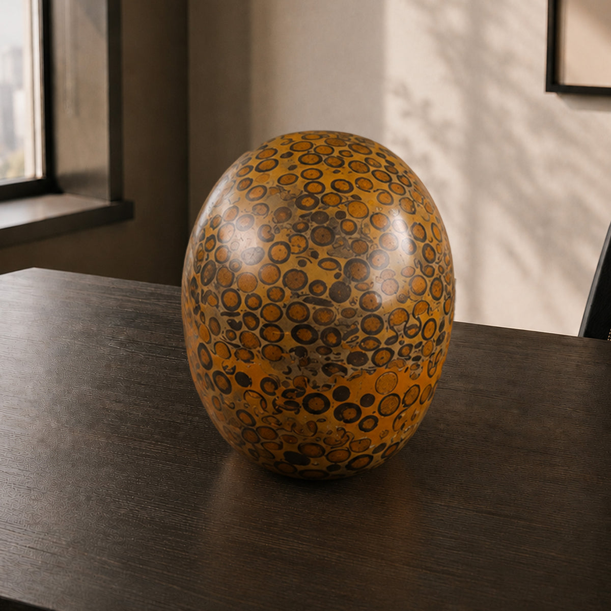 Back view of a Yellow Leopard Skin Jasper human skull carving
