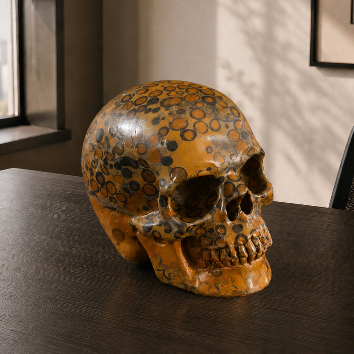 Right-front view of a Yellow Leopard Skin Jasper human skull carving