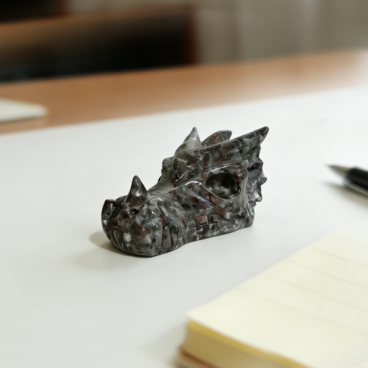 Additional view of a 2.5-inch Yooperlite dragon skull carving