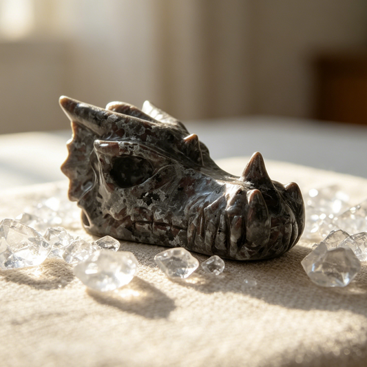 Additional view of a 3-inch Yooperlite dragon skull carving