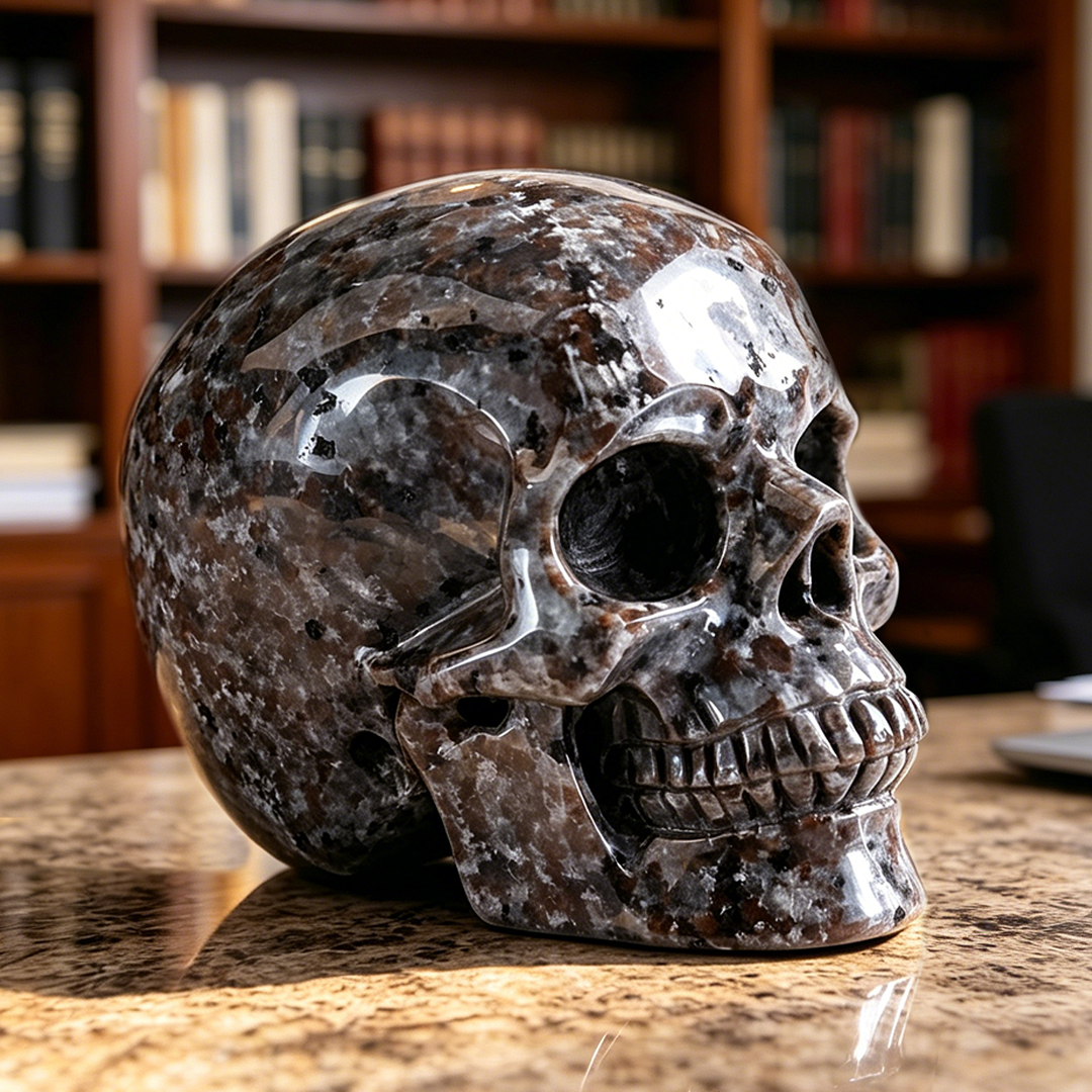 Right-front view of a 2-inch Yooperlite human skull carving