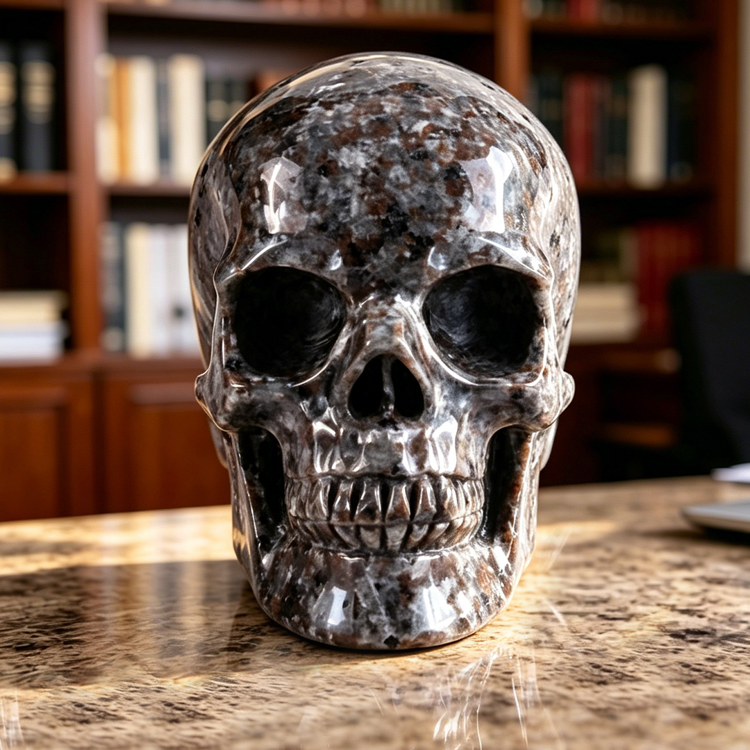 Front view of a Yooperlite human skull carving