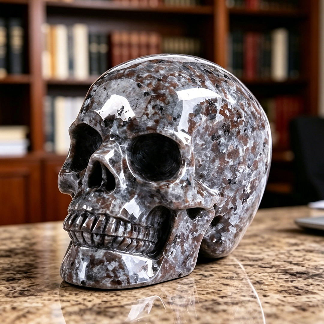 Left-front view of a Yooperlite human skull carving