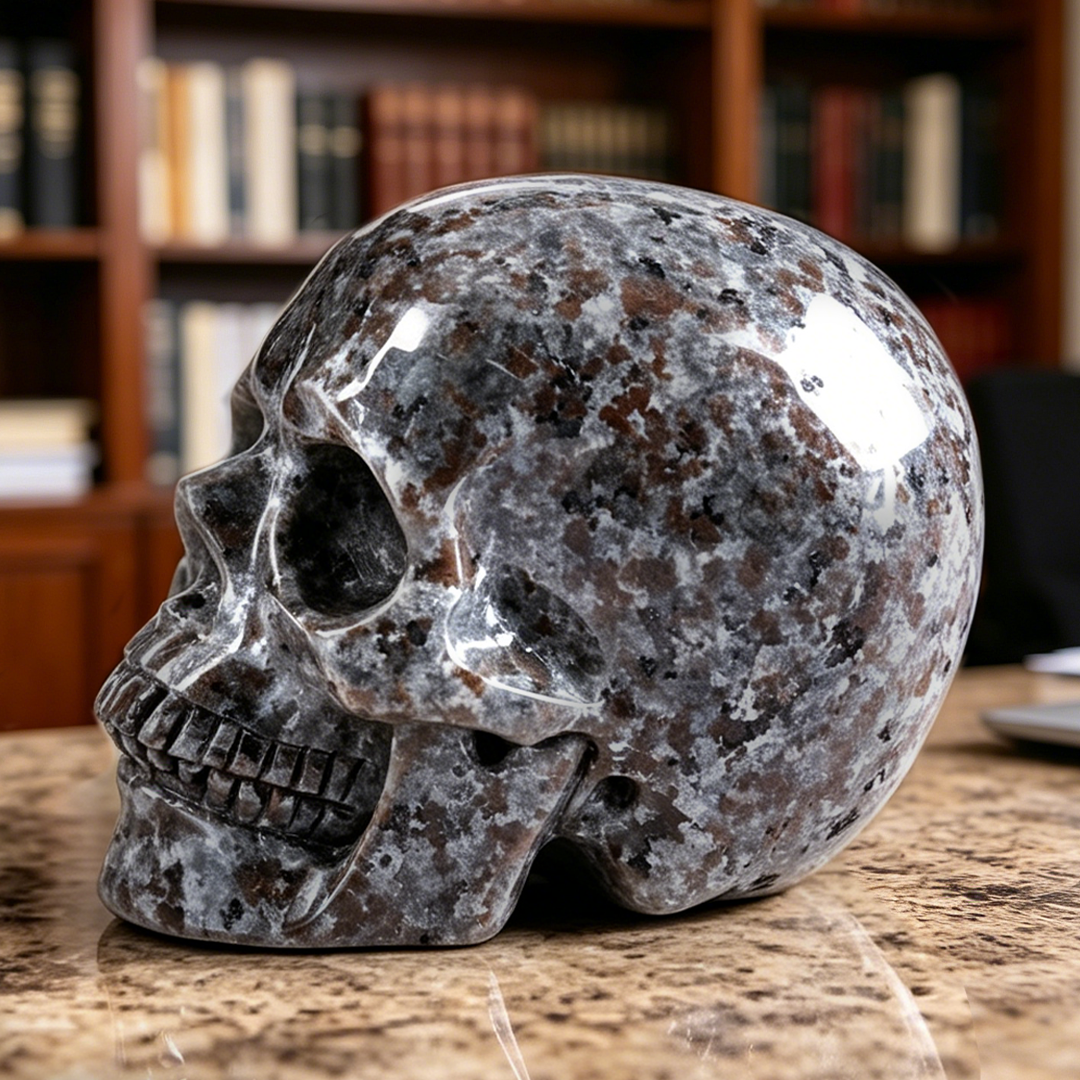Left view of a Yooperlite human skull carving